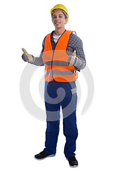 Young construction worker job thumbs up full body portrait isolated