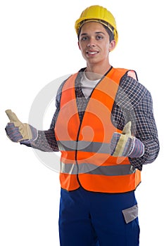 Young construction worker job thumbs up isolated