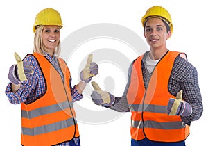 Young construction worker man woman job thumbs up isolated