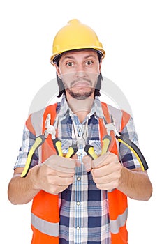 Young construction worker with nippers isolated on