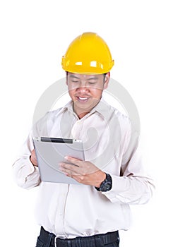 Young construction worker operating