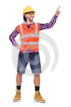 Young construction worker pressing vurtual button