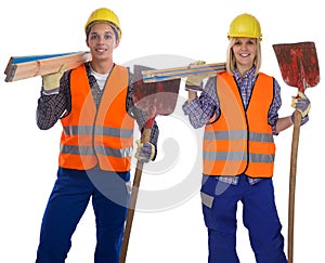 Young construction worker workers man woman job isolated