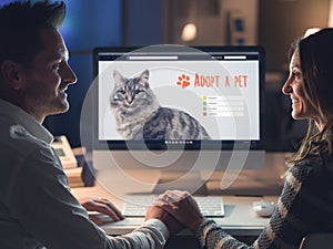 Young couple adopting a pet online