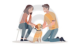 Young couple adopts a dog. White background. Flat illustration for animal shelters