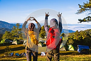 Young couple Backpacker Camping Hiking Journey Travel Trek Concept, Holiday travel, summer in Thailand