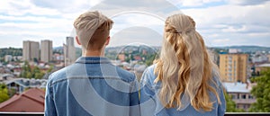 Young couple blonde hair casual outfits standing on rooftop overlooking city skyline symbolizing togetherness future photo