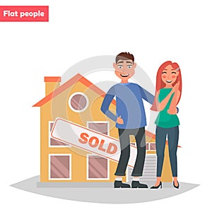 A young couple bought a house color flat illustration