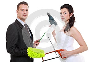 Young couple bride groom household chores isolated