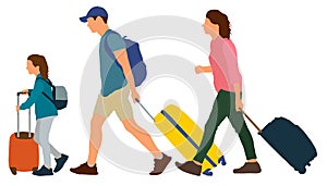 Young couple with a child rides on a resort. People go with suitcases. Vector illustration