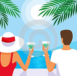 Young couple with cocktails on the tropical beach spending summer time. Sunny summer vacation poster vector illustration