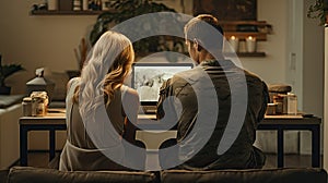 a young couple comfortably seated in a minimalist military-themed interior, each engrossed in online shopping via their