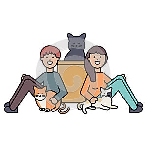 Young couple with cute cats mascots