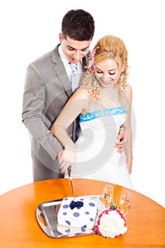 Young couple cutting wedding cake