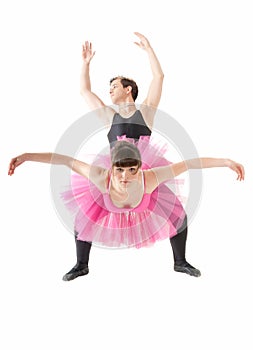 Young couple dancing ballet isolated on white