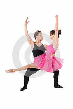 Young couple dancing ballet isolated on white