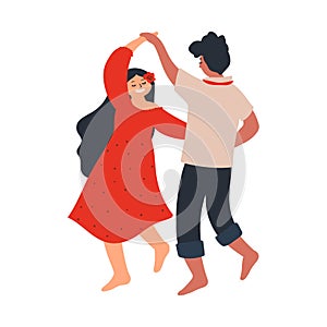 Young couple dancing barefoot. Lovers boyfriend and girlfriend. characters isolated on white background. Vector illustration in