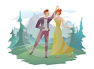 Young couple dancing in nature. Forest and mountain landscape in the background. Vector illustration, isolated on white.