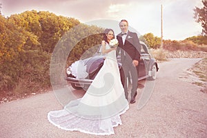 Just Married, Young Couple And Epoque Car photo