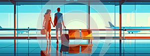 Young couple in the departure lounge of the airport. Full height. Flat illustration for web. Travelling. Blue and orange colors