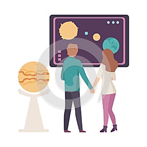 Young Couple Discussing Astronomical Facts and Notions in Planetarium Vector Illustration