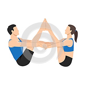 Young couple doing Partner Buddy Boat Yoga Pose exercise