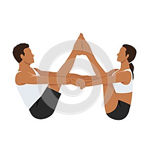 Young couple doing Partner Buddy Boat Yoga Pose exercise