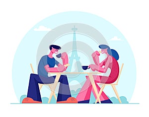 Young Couple Drinking Coffee in Outdoors Cafe in Paris with Eiffel Tower View. Hospitality Concept