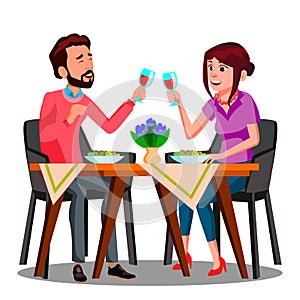 Young Couple Drinking Wine From Glasses In A Restaurant Vector. Isolated Illustration