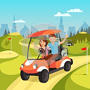 Young Couple Driving by Cart on Green Golf Course