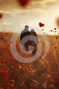 Young couple in embrace walking in a field full of red hearts.