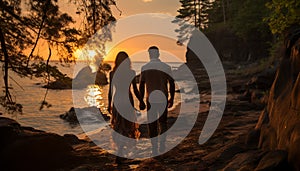 Young couple embracing, walking, enjoying sunset together generated by AI