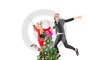 Young couple enjoy dancing in new year or christmas celebration party