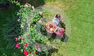 Young couple enjoying food and drinks in beautiful roses garden on romantic date, aerial top view from above of man and woman