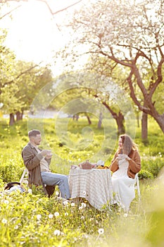 Young couple enjoying food and drinks in beautiful summer green park on romantic date picnic, handsome man and woman