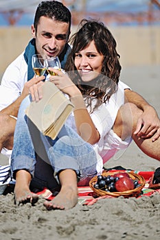 Young couple enjoying picnic on the beach