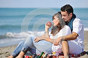 Young couple enjoying picnic on the beach