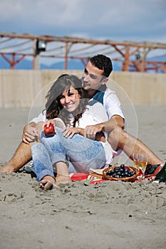 Young couple enjoying picnic on the beach