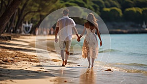 Young couple enjoying a romantic sunset walk on the beach generated by AI