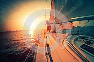 Young couple on the sailing boat