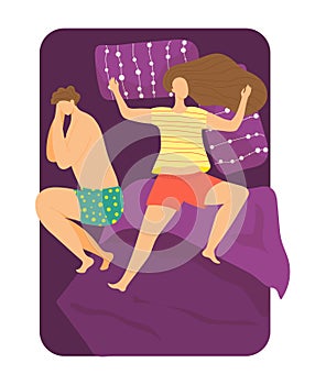Young couple family father, mother sleeping together comfortable soft mattress bed dreams vector illustration, isolated