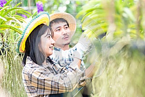 Young couple farmers checking their orchid gardening farm