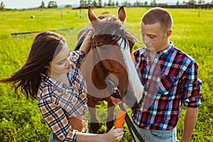 Young couple feeding horse