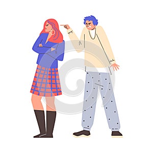 Young couple fighting and shouting, ignoring and points with finger, people arguing and yelling, vector cartoon conflict