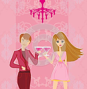 Young couple flirt and drink champagne