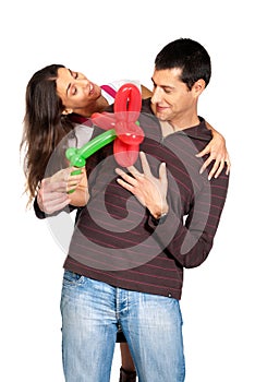 Young couple gift balloon flower valentine isolate