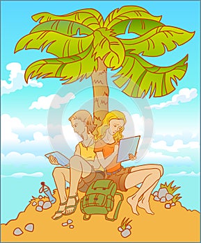 Young couple, girl and guy are together under the palm-tree.