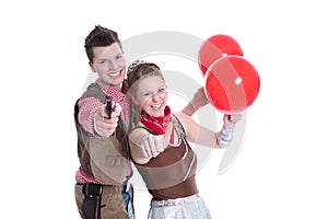 Young couple have fun in carnival time - isolated on white