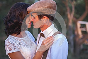 Young Couple Have Got Marriage In Rustic Style In Apple Orchard