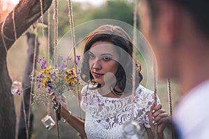 Young Couple Have Got Their Marriage In Rustic Style In Apple Orchard